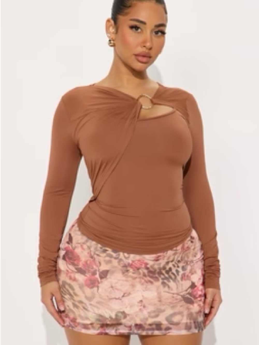 Fashion Nova Twist Ring Long Sleeve Top - Brown